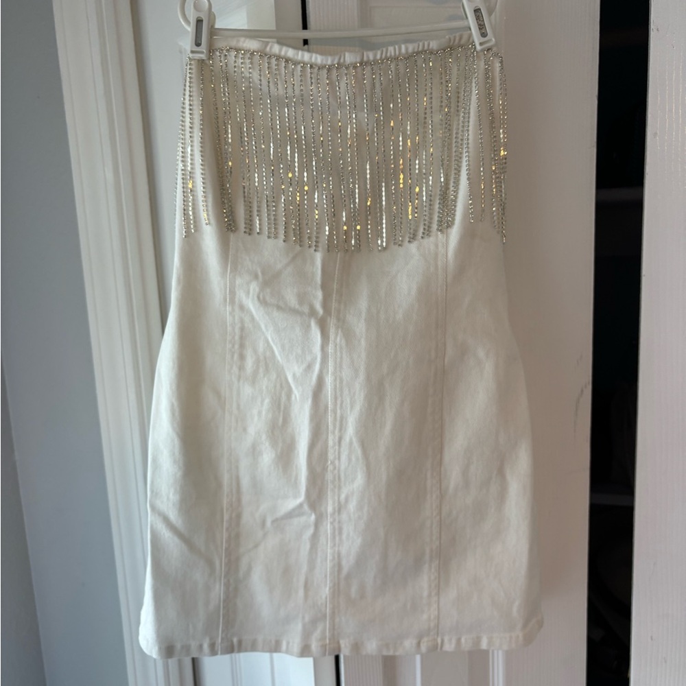 12th Tribe Rylie Denim Strapless Fringe Mini Dress